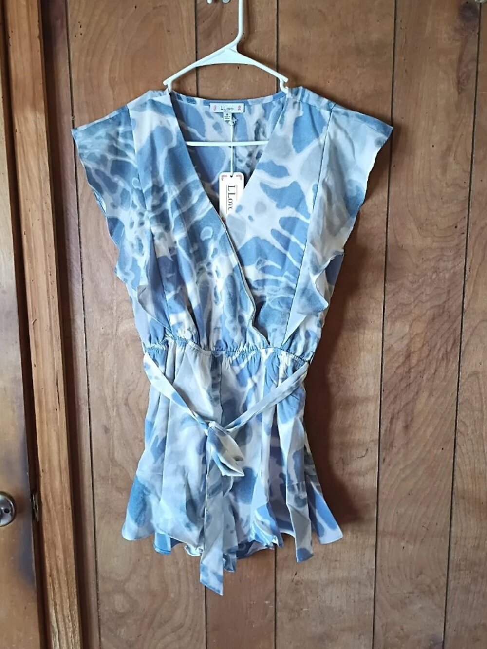 Share L Love Blue Abstract Print Ruffle Romper – Size Small – NWT